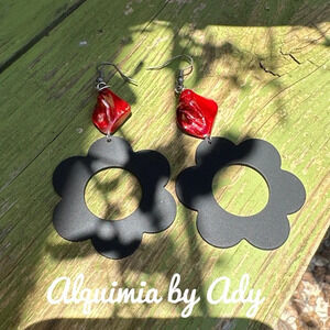 Big Biwa pearl dyed in blood red extra long maxi black daisy dangle earrings